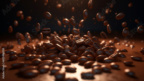 Coffee beans are flying among the brown background. Generative AI image