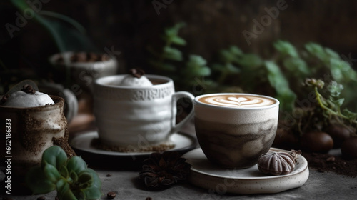 Coffee with froth on the table with plants in the background. Generative AI image