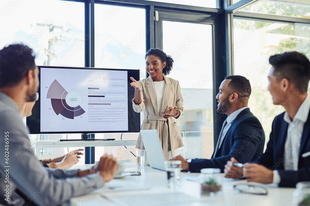 Business meeting, businesswoman and presentation on screen of tv in modern boardroom with colleagues. Workshop, speech and black woman or speaker speaking with coworkers in conference room - obrazy, fototapety, plakaty 