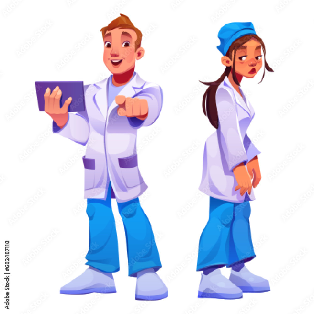 Doctor and nurse characters, hospital medical staff. Professional medics, happy man and sad tired woman in uniform, vector cartoon illustration isolated on white background