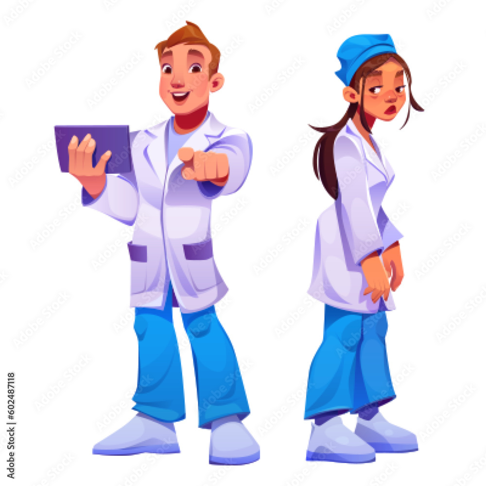 Doctor and nurse characters, hospital medical staff. Professional medics, happy man and sad tired woman in uniform, vector cartoon illustration isolated on white background Doctor and nurse characters, hospital medical staff. Professional medics, happy man and sad tired woman in uniform, vector cartoon illustration isolated on white background