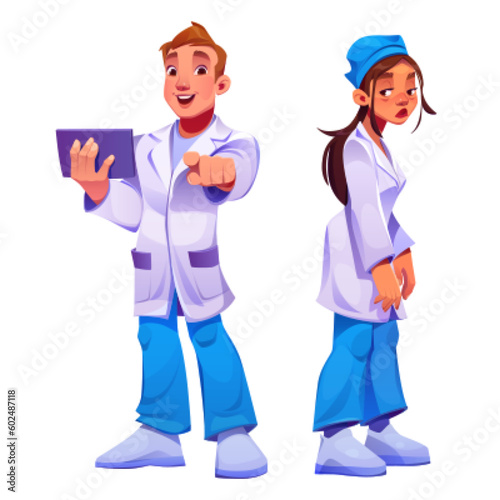 Doctor and nurse characters, hospital medical staff. Professional medics, happy man and sad tired woman in uniform, vector cartoon illustration isolated on white background