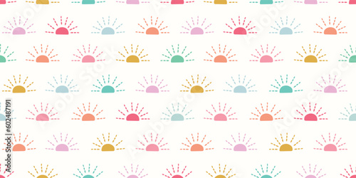 Sunshine background vector banner. Fun and bright nature sun seamless repeat pattern design border.