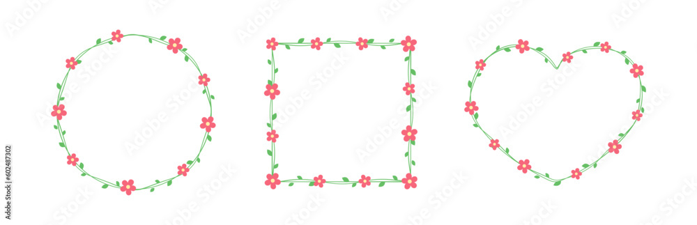 Red flowers with green leaves frames and borders set, floral botanical design element vector illustration Red flowers with green leaves frames and borders set, floral botanical design element vector illustration