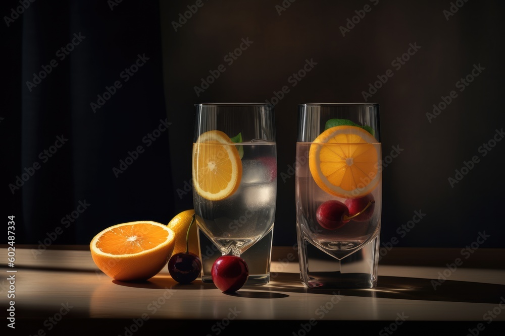 Fototapeta premium Two glasses of oranges and lemon Juice on a table AI Generated