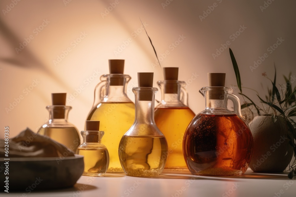 A row of bottles of olive oil with one that says'olive oil'on it AI Generated A row of bottles of olive oil with one that says'olive oil'on it AI Generated