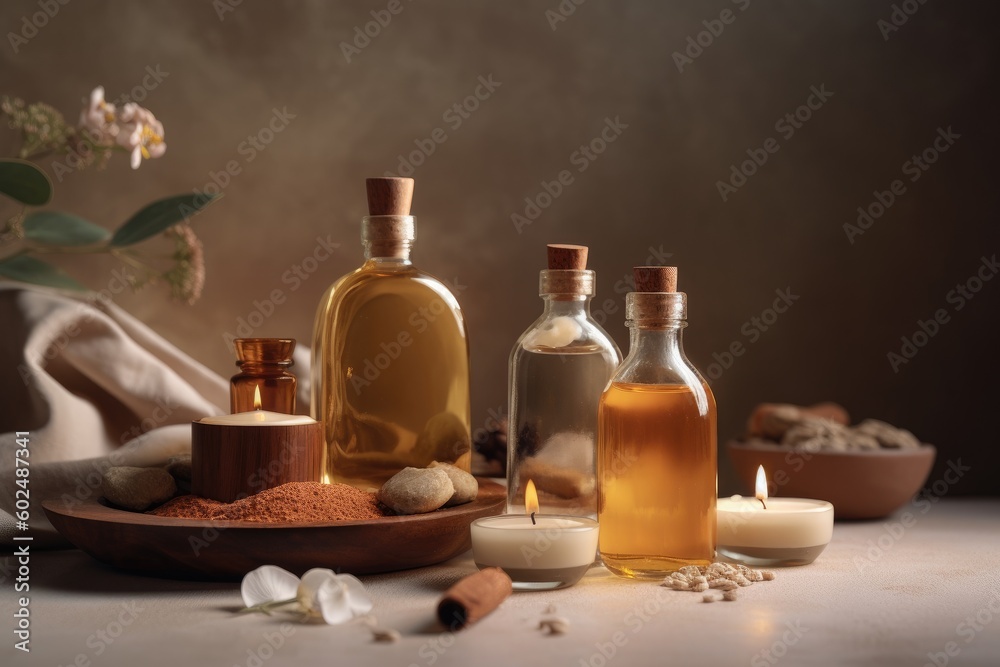 A bottle of oil with a bunch of cinnamon on the table AI Generated