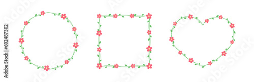 Red flowers with green leaves frames and borders set, floral botanical design element vector illustration