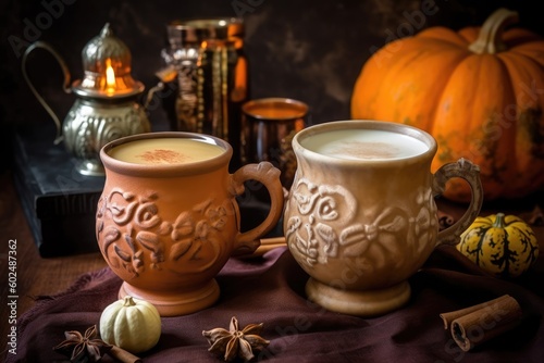 Two mugs of pumpkin spice latte with a pumpkin on the table AI Generated