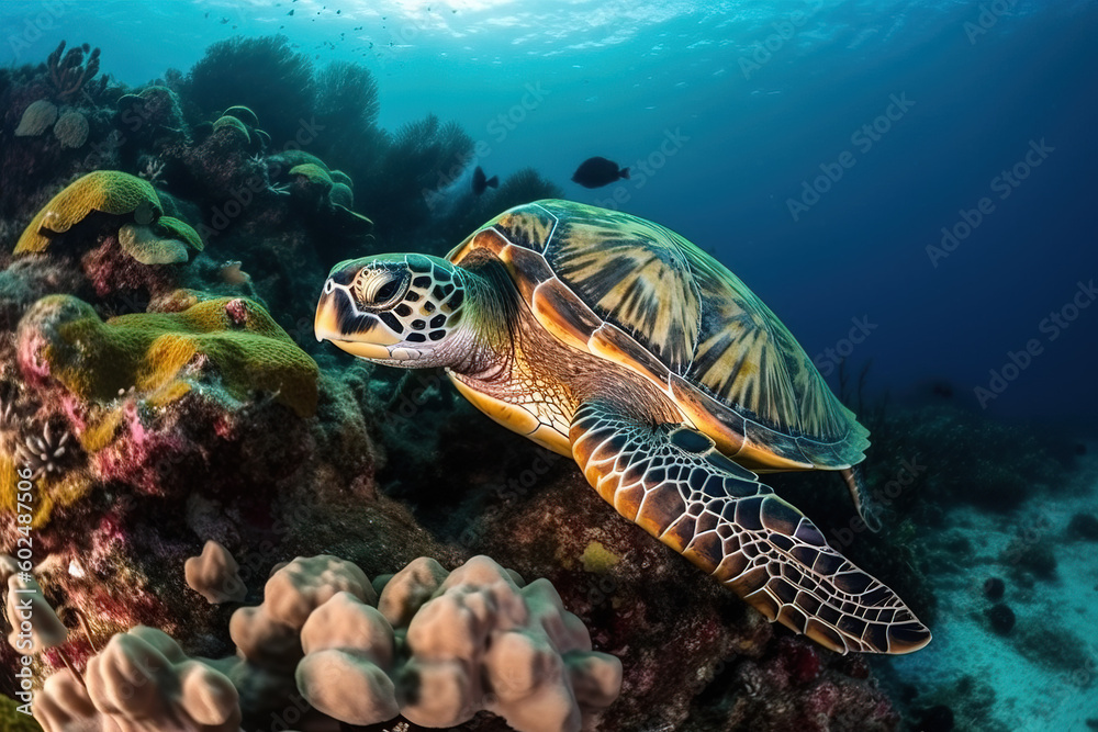 Fototapeta premium Image of hawksbill turtle swimming under the sea. underwater animals. illustration, generative AI.