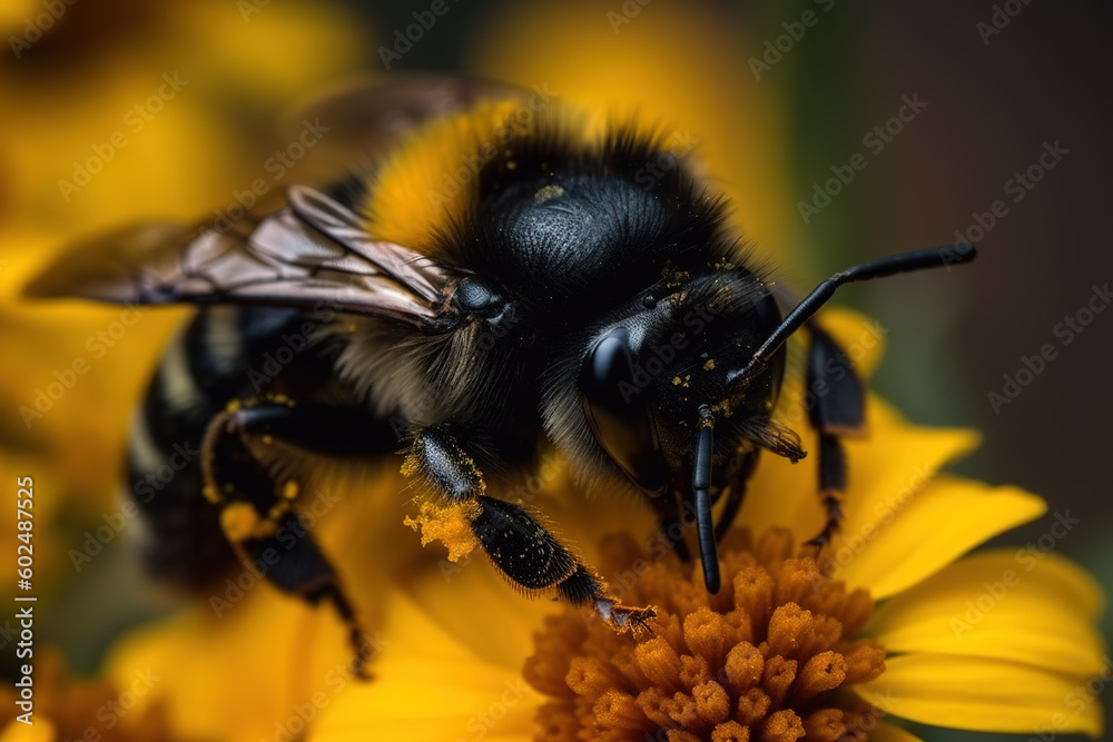 Image of honey bee sucking nectar on a yellow flower on natural background. Insect. Generative ai. Image of honey bee sucking nectar on a yellow flower on natural background. Insect. Generative ai.