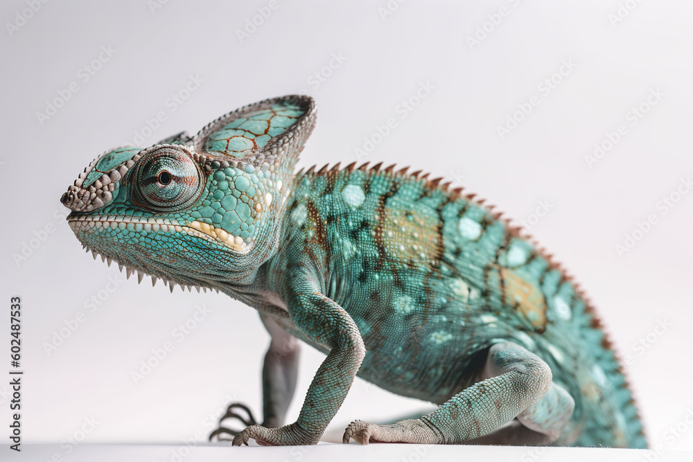 Image of green chameleons on white background. Reptile. Wildlife Animals. Illustration. Generative AI. Image of green chameleons on white background. Reptile. Wildlife Animals. Illustration. Generative AI.