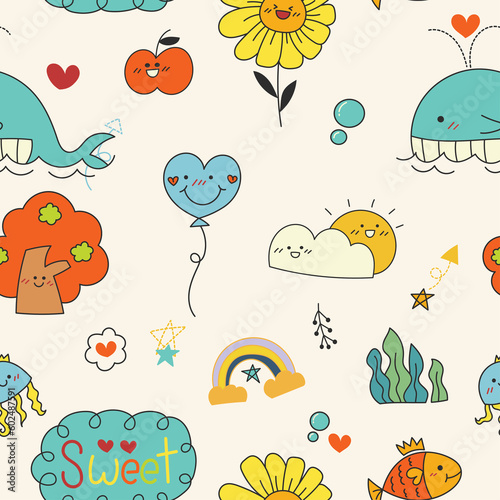 Repeating seamless pattern with balloon, tree, whale, rainbow, fish, perfect for kids or children wallpaper or gift wrapping paper.