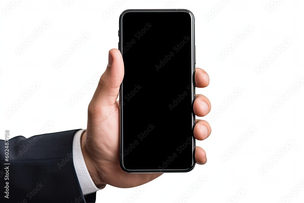 Hand holding a black smart phone with blank screen isolated on white background Hand holding a black smart phone with blank screen isolated on white background