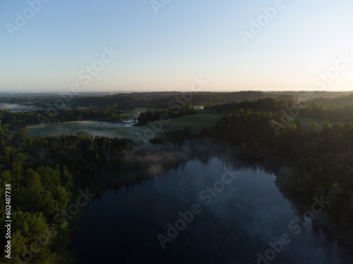 Majestic Morning: A Drone's Eye View of a Misty Lake in the Woods at Sunrise in Northern Europe
