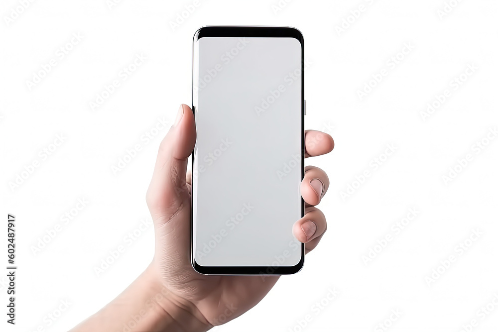 Hand holding a black smart phone with blank screen isolated on white background Hand holding a black smart phone with blank screen isolated on white background