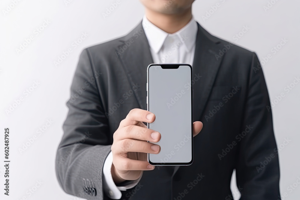 Hand holding a black smart phone with blank screen isolated on white background Hand holding a black smart phone with blank screen isolated on white background