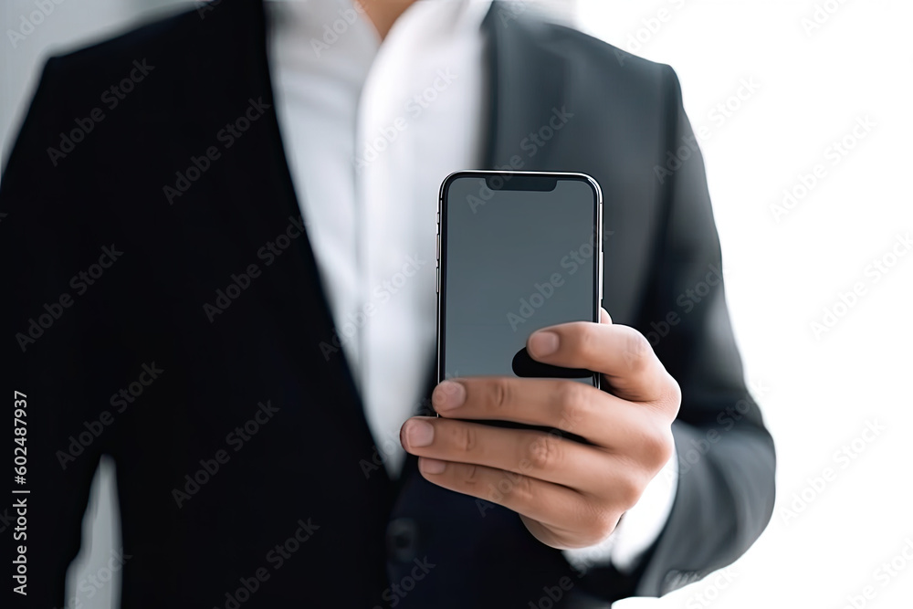 Hand holding a black smart phone with blank screen isolated on white background Hand holding a black smart phone with blank screen isolated on white background