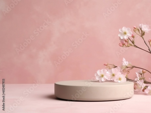 empty product display podium with flowers on a minimalistic background
