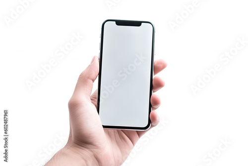 Hand holding a black smart phone with blank screen isolated on white background