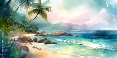 watercolor painting of a tropical beach scene with palm trees and waves crashing onto the shore. Generative AI