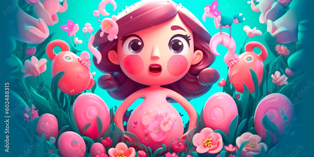 cartoon ovary character with a feminine expression, surrounded by flowers and butterflies. Generative AI
