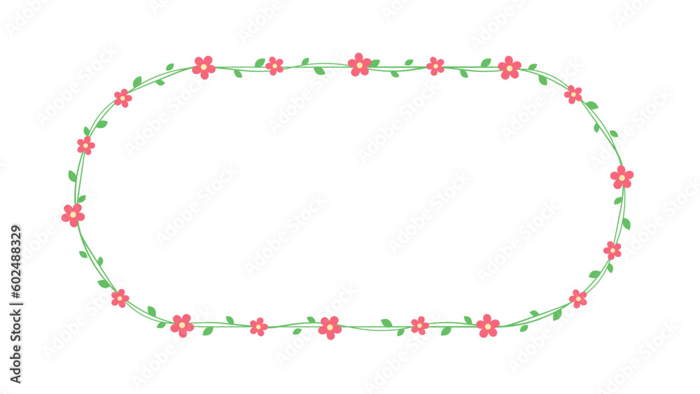 Oval green vine with red flowers frame border, floral botanical design vector illustration Oval green vine with red flowers frame border, floral botanical design vector illustration