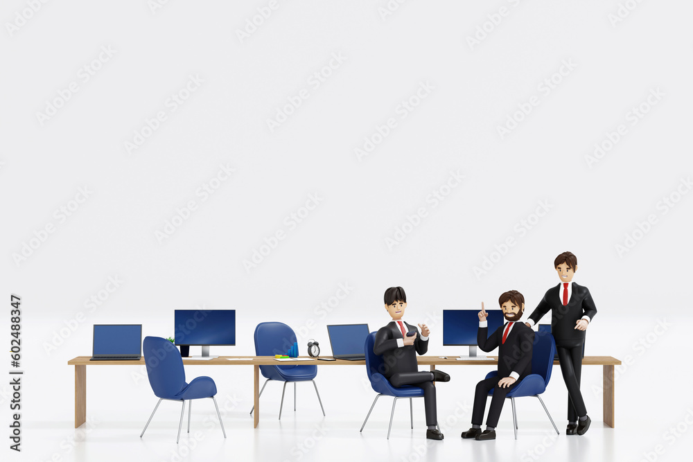 Group of happy young businessmen and businesswoman relaxing meeting talking working in office, 3D rendering. Group of happy young businessmen and businesswoman relaxing meeting talking working in office, 3D rendering.