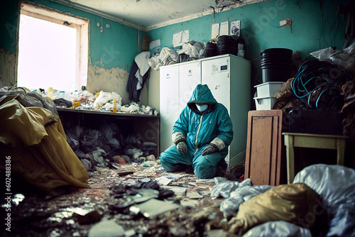 Man wearing a protective suit and face mask kneels in despair in the garbage of a messie apartment he wants to clean up, made with generative ai