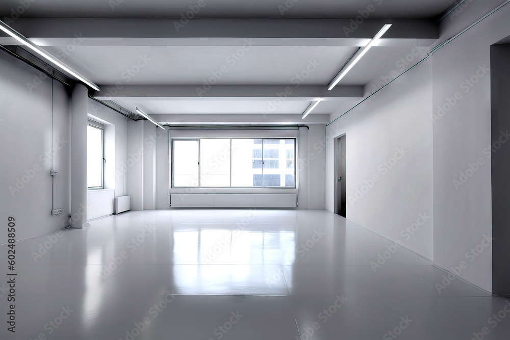 Fototapeta premium Empty apartment with white walls, floor and ceiling with no interior of the room with large bright window, minimalistic, made with generative ai