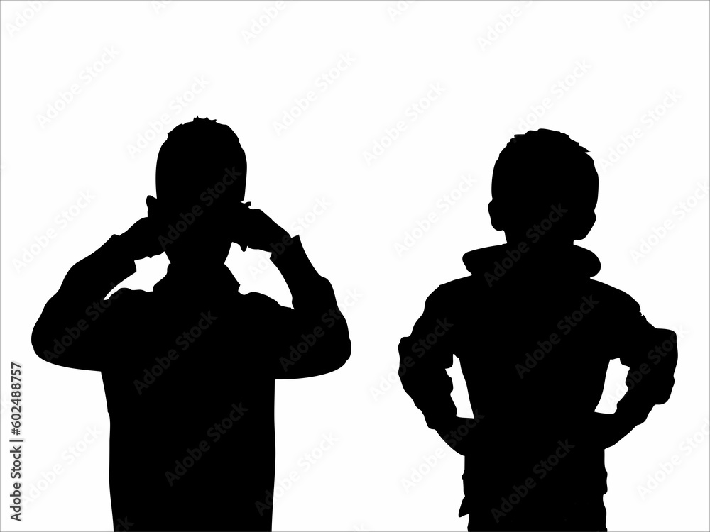 silhouette of two children with hands over ears and on waist