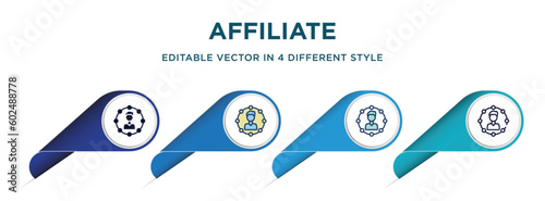 affiliate icon in 4 different styles such as filled, color, glyph, colorful, lineal color. set of vector for web, mobile, ui