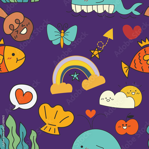 Dark purple seamless pattern with whale  rainbow  hearts  fish  kids  children wallpaper pattern.