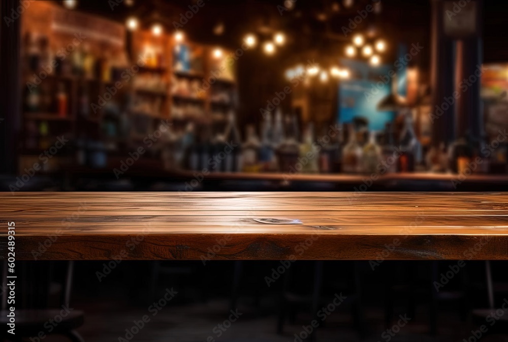 wooden table top with blurred background for restaurant or bar, generative ai