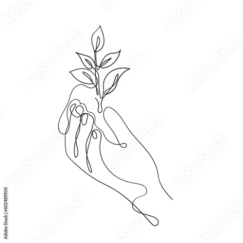 continuous line drawing hand holding leaf plant illustration vector