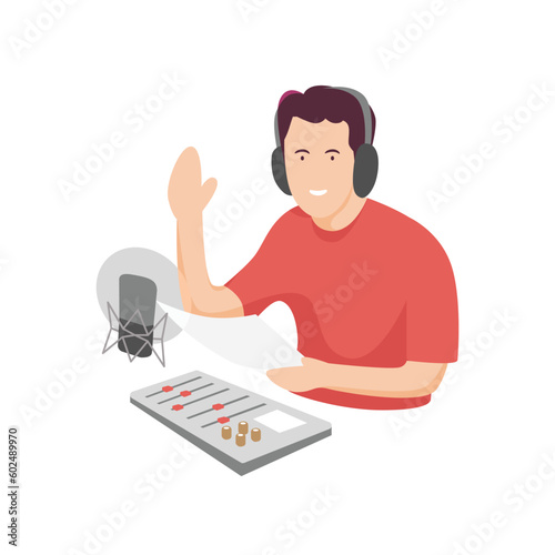 Illustration of radio announcer or broadcaster with microphone and sound mixer.