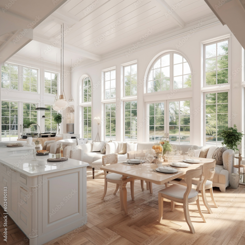 Luxurious interior design of white kitchen, dining room with windows ...