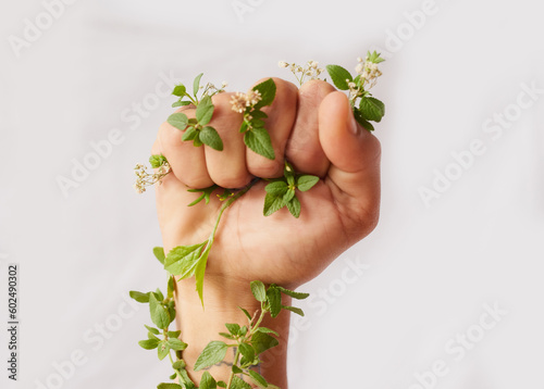 Woman hand, nature growth and fist for eco warrior, fight and revolution for sustainability protest. White background, studio and person with leaf and green plant in hands for environment rally photo