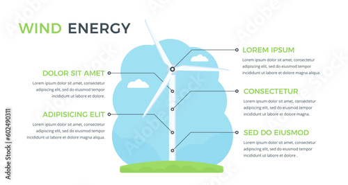 Infographic template with wind turbine with five elements for your text