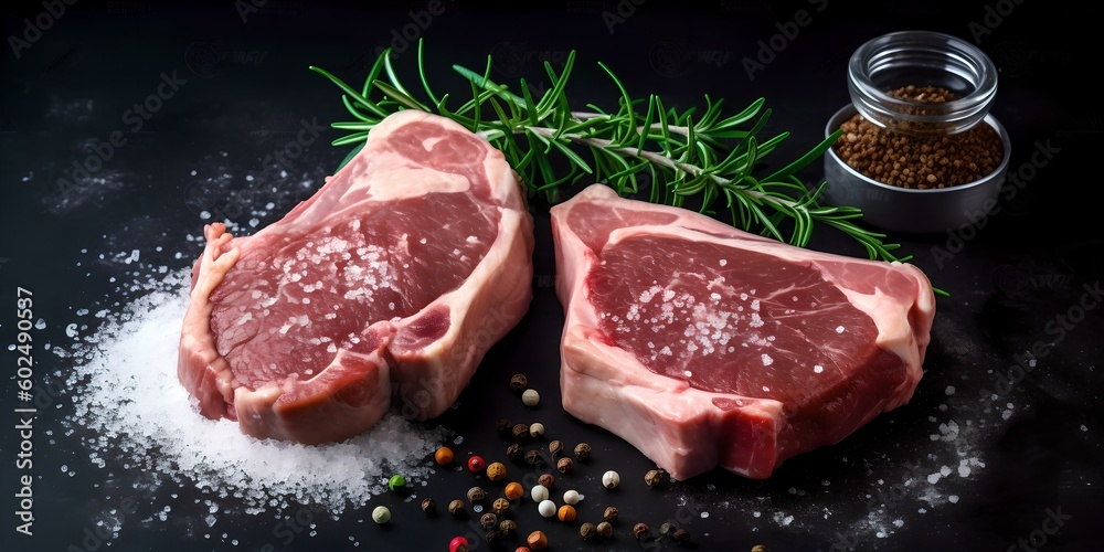 two raw steaks on a table with spices and seasoning two raw steaks on a table with spices and seasoning