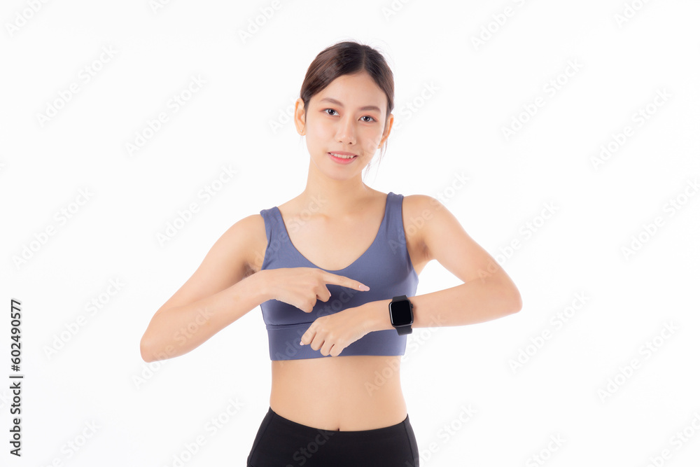 Happy young asian woman looking and pointing smartwatch for exercise and aerobics with cardio isolated on white background, female looking smart watch while workout with health, sport concept. Happy young asian woman looking and pointing smartwatch for exercise and aerobics with cardio isolated on white background, female looking smart watch while workout with health, sport concept.