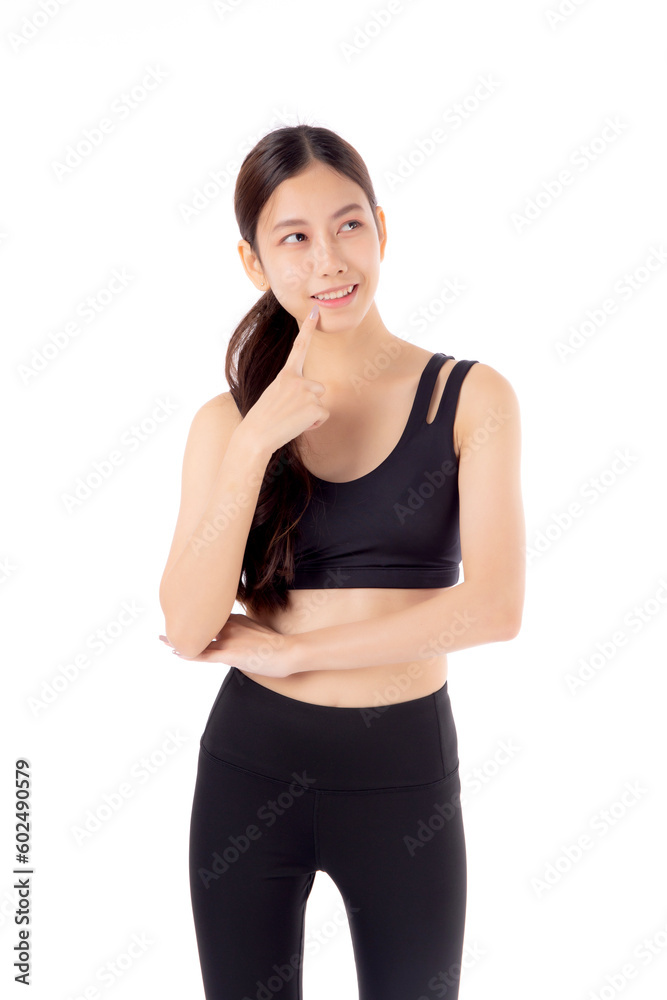 Portrait of beautiful young asian woman in sportwear smile and thinking isolated on white background, sport and exercise for health and weightloss, female and slimming with confident and wellness. Portrait of beautiful young asian woman in sportwear smile and thinking isolated on white background, sport and exercise for health and weightloss, female and slimming with confident and wellness.