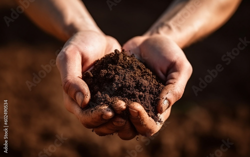Farmer holding soil in hands close-up. Male hands touching soil on the field. Agriculture, gardening or ecology concept. Generative AI