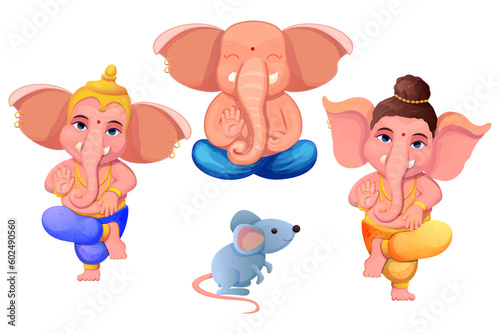 Little cute Ganesh, religious traditional god elephant blue color in cartoon character isolated on white background.