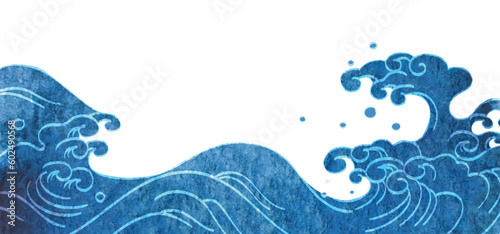 Chinese background with watercolor texture painting element vector. Oriental natural wave pattern with ocean sea decoration banner design in vintage style. Marine template 