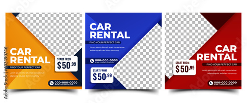 Set of Car rental social media post template design with blue, red, and yellow color background