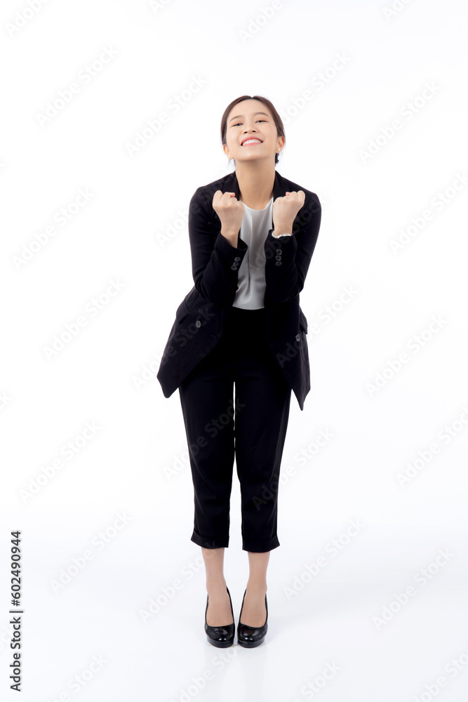 Portrait beautiful businesswoman in suit glad and success isolated on white background, happy young asian business woman is manager or executive surprise and excited for victory with satisfied. Portrait beautiful businesswoman in suit glad and success isolated on white background, happy young asian business woman is manager or executive surprise and excited for victory with satisfied.