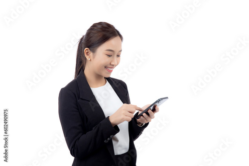 Portrait young asian businesswoman using smartphone isolated on white background, business woman standing and looking smart phone with confident, female using telephone, cut out, one person. © N_studio