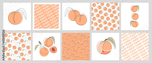 Big Set of square cards, wallpaper templates with Peach. Line Art Design with tropical fruit. Seamless pattern, quote, different collection posters. Colorful vector illustrations