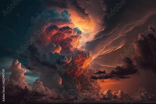 Light in the Dark and Dramatic Storm Clouds. Dramatic sky at the sunset. Generative AI